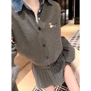 Denim-Collar Knit Cardigan & Pleated Mini Skirt Set