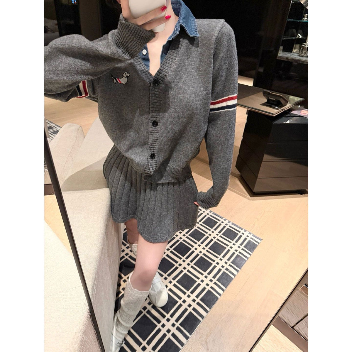 Denim-Collar Knit Cardigan & Pleated Mini Skirt Set
