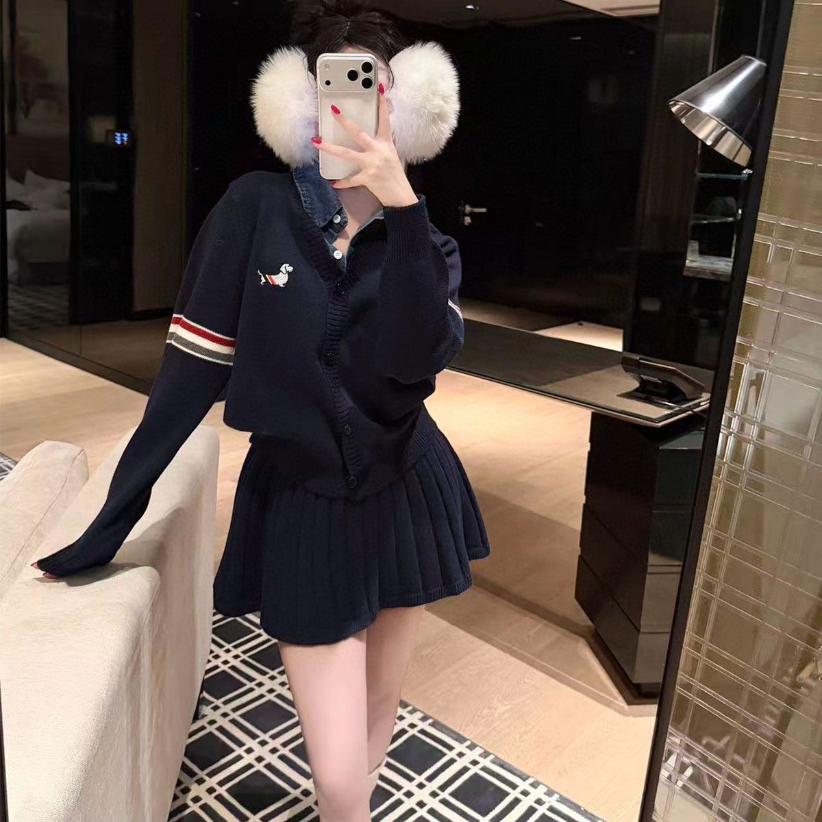 Denim-Collar Knit Cardigan & Pleated Mini Skirt Set