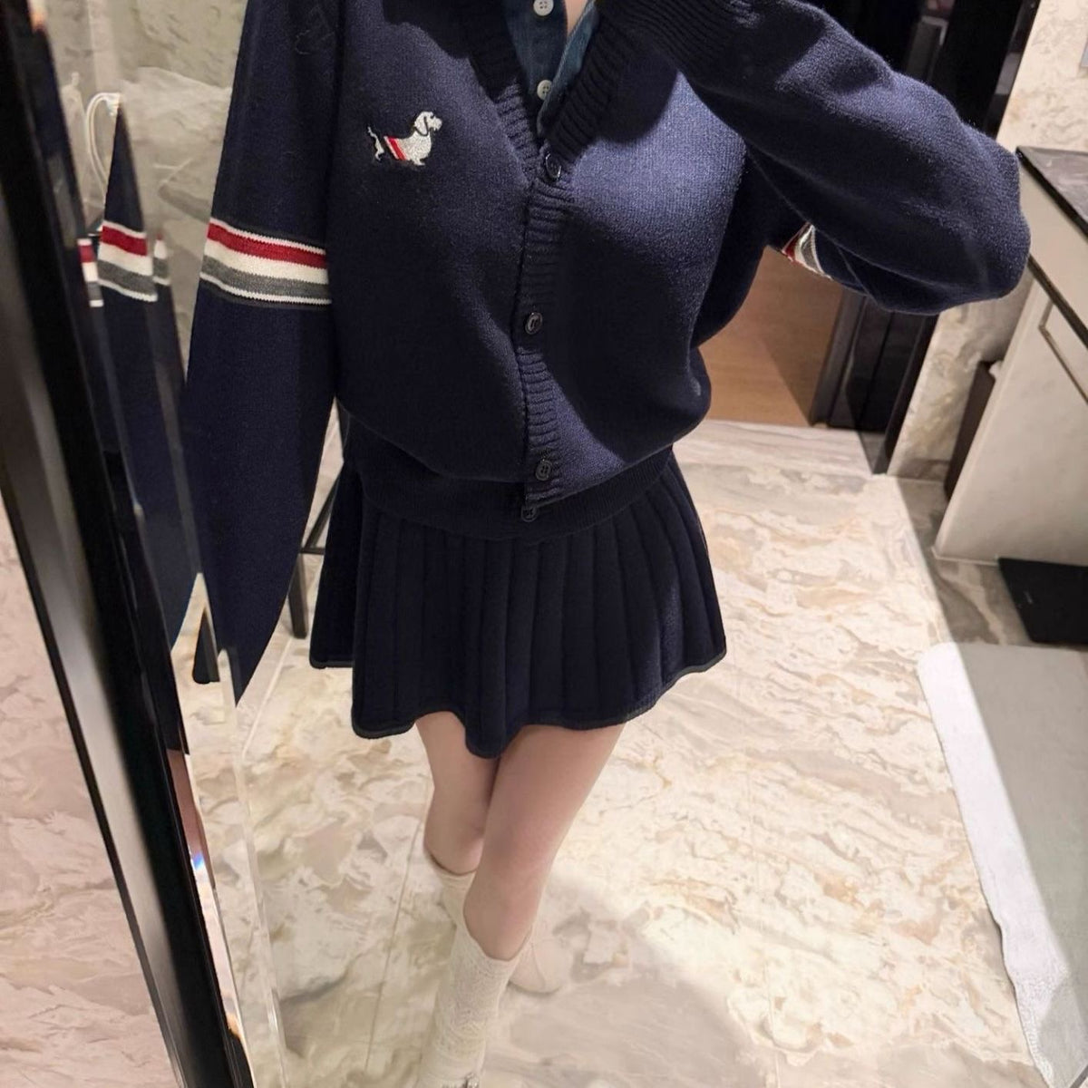 Denim-Collar Knit Cardigan & Pleated Mini Skirt Set