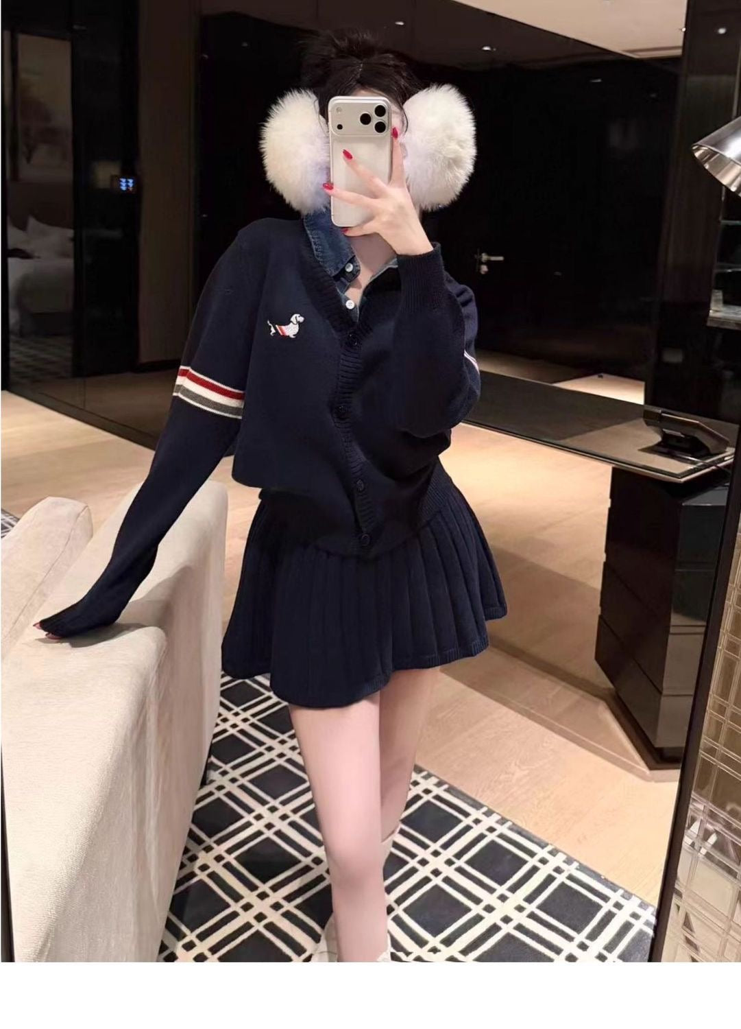 Denim-Collar Knit Cardigan & Pleated Mini Skirt Set