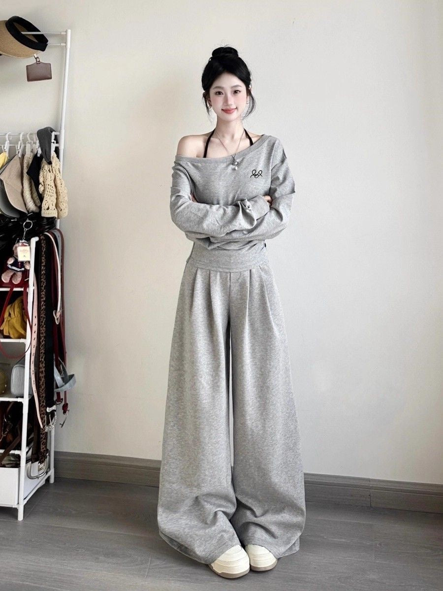 Cotton Off-Shoulder Sweatshirt & Wide-Leg Sweatpants Set