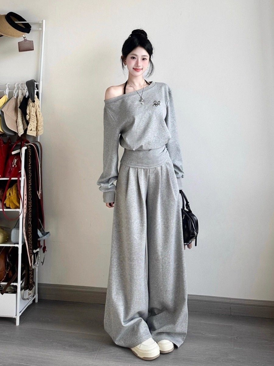 Cotton Off-Shoulder Sweatshirt & Wide-Leg Sweatpants Set