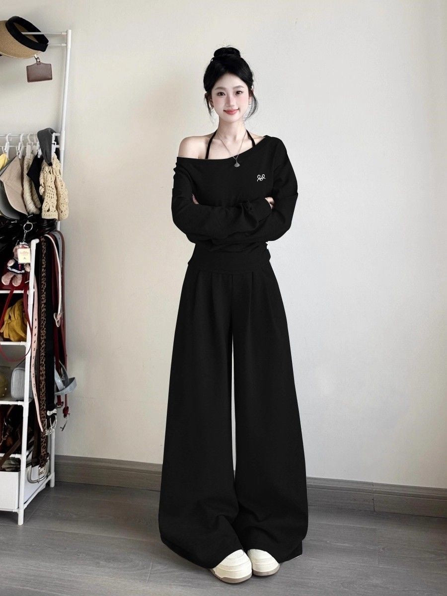 Cotton Off-Shoulder Sweatshirt & Wide-Leg Sweatpants Set