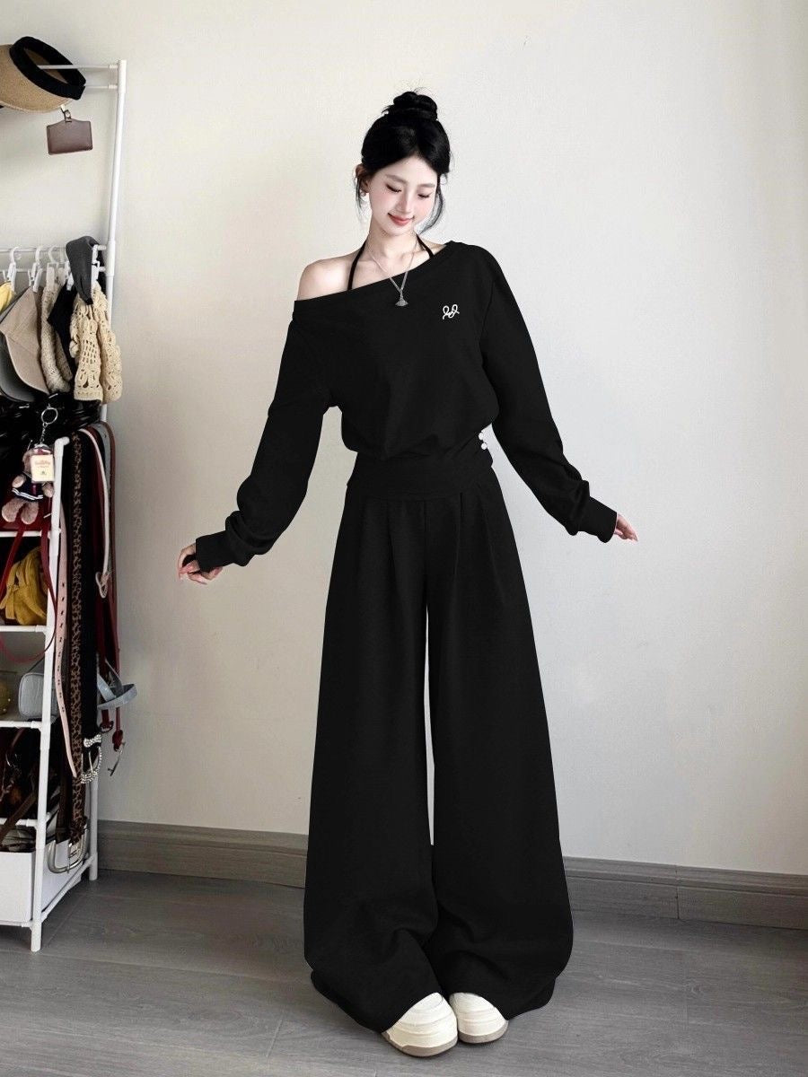 Cotton Off-Shoulder Sweatshirt & Wide-Leg Sweatpants Set
