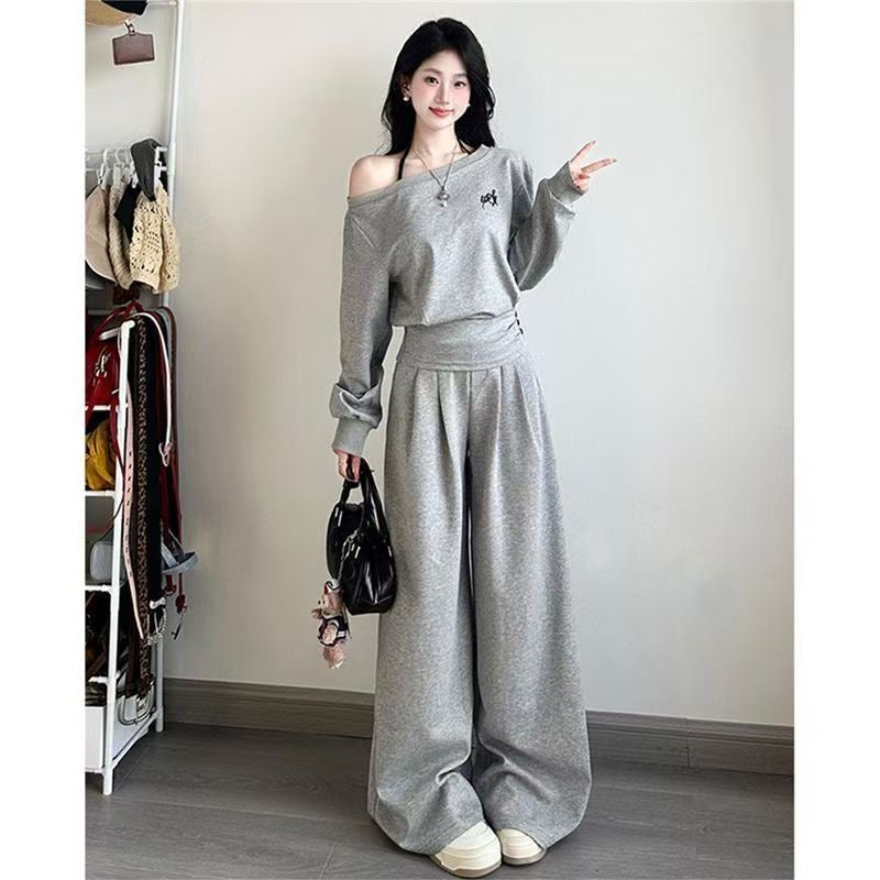Cotton Off-Shoulder Sweatshirt & Wide-Leg Sweatpants Set