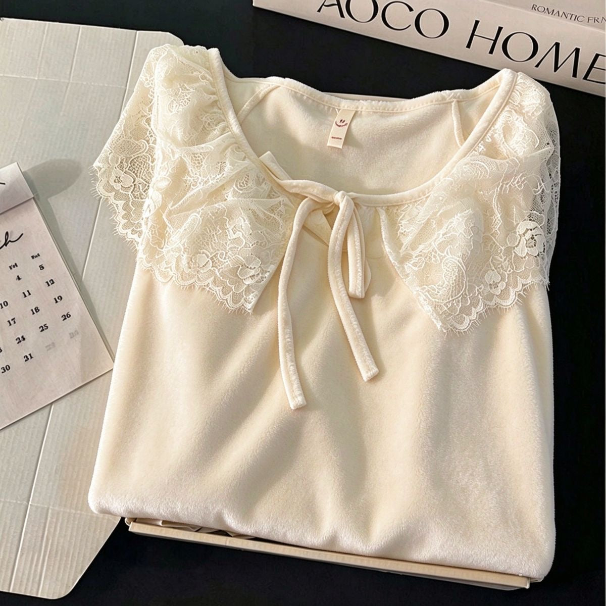 Plush Island Velvet Sleep Dress with Lace Collar & Bow Detail