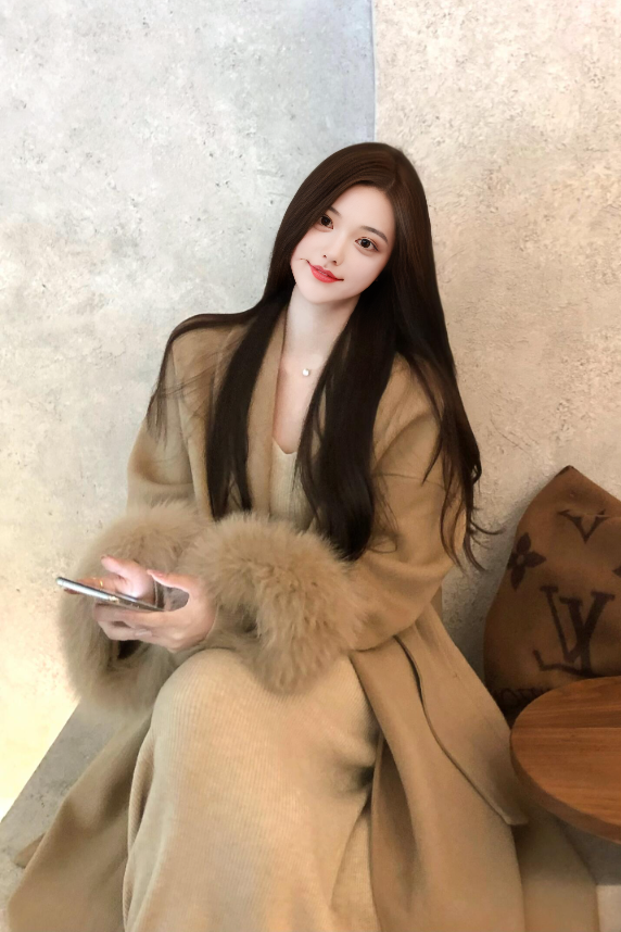 Long Double-Faced Wool Coat with Faux Fur Cuffs and Belt