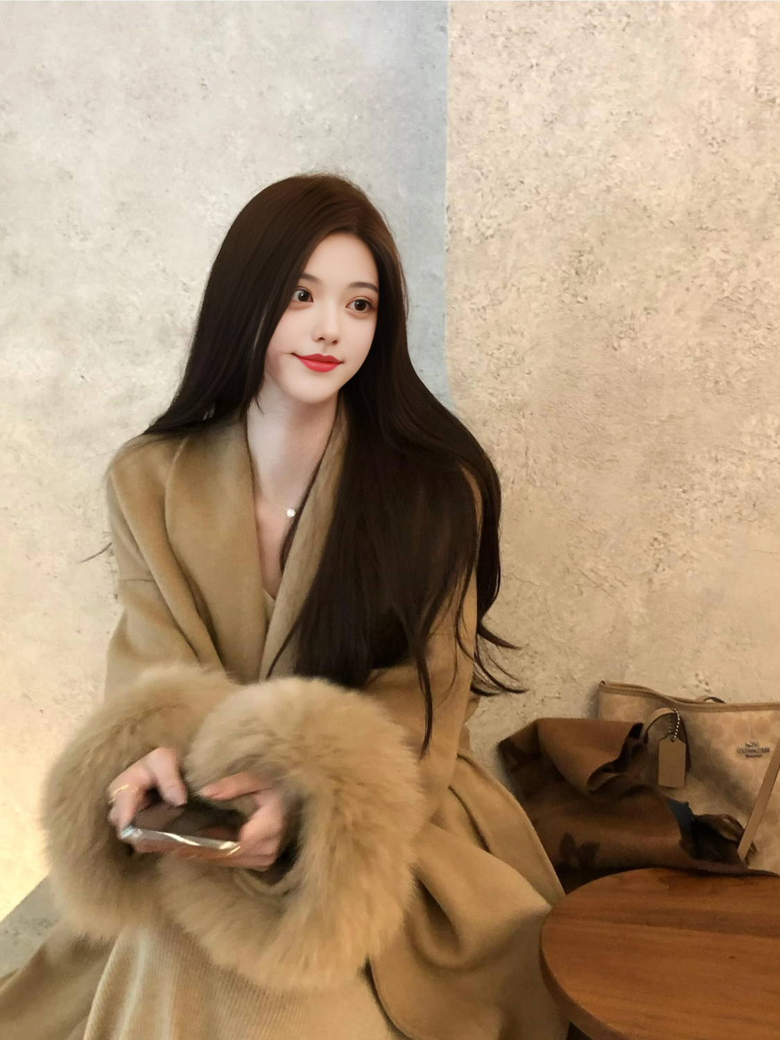 Long Double-Faced Wool Coat with Faux Fur Cuffs and Belt