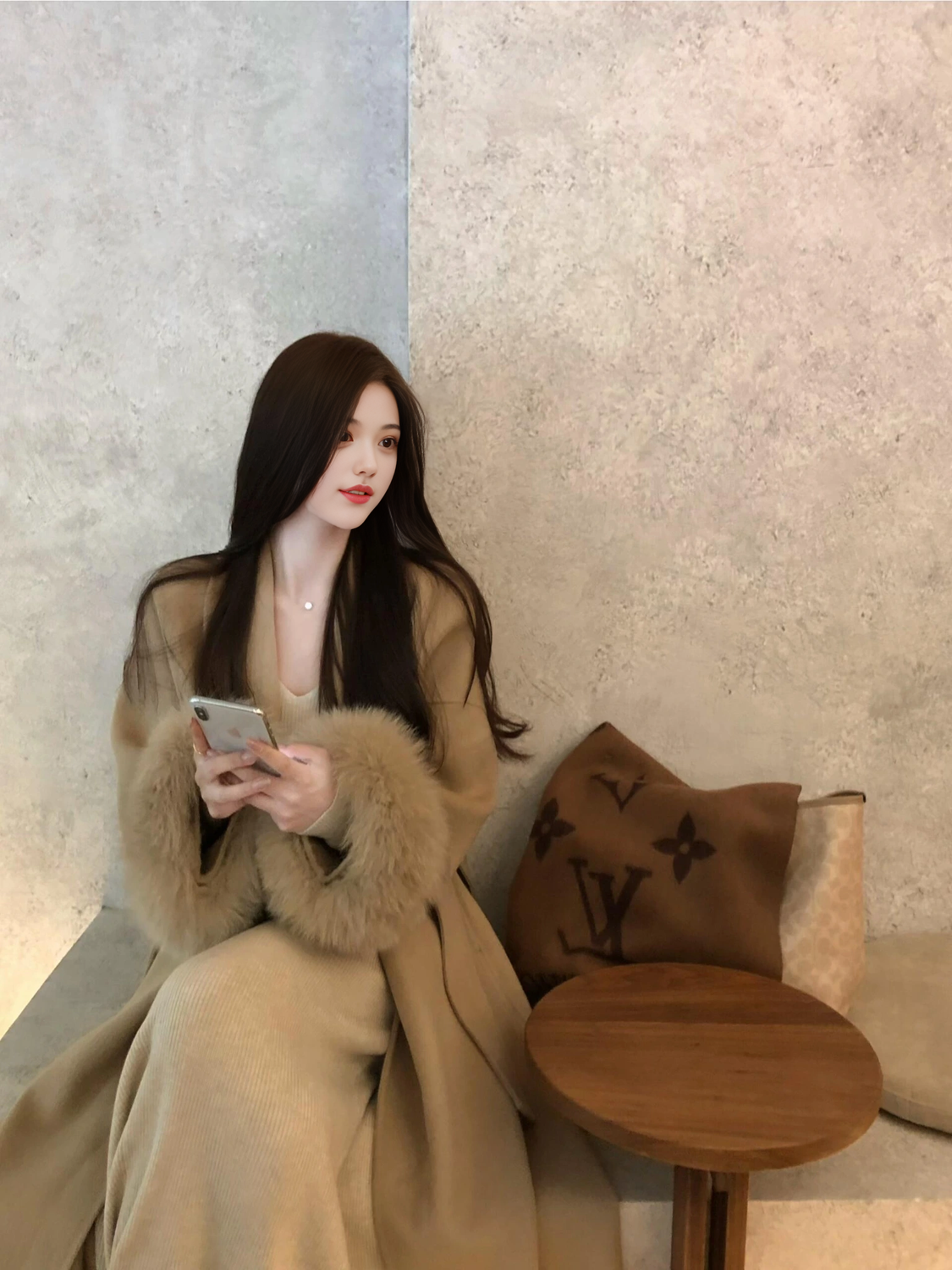 Long Double-Faced Wool Coat with Faux Fur Cuffs and Belt