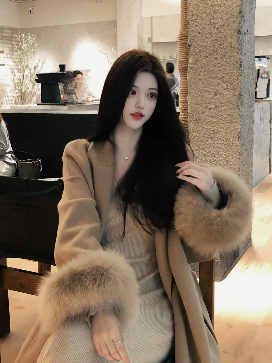 Long Double-Faced Wool Coat with Faux Fur Cuffs and Belt