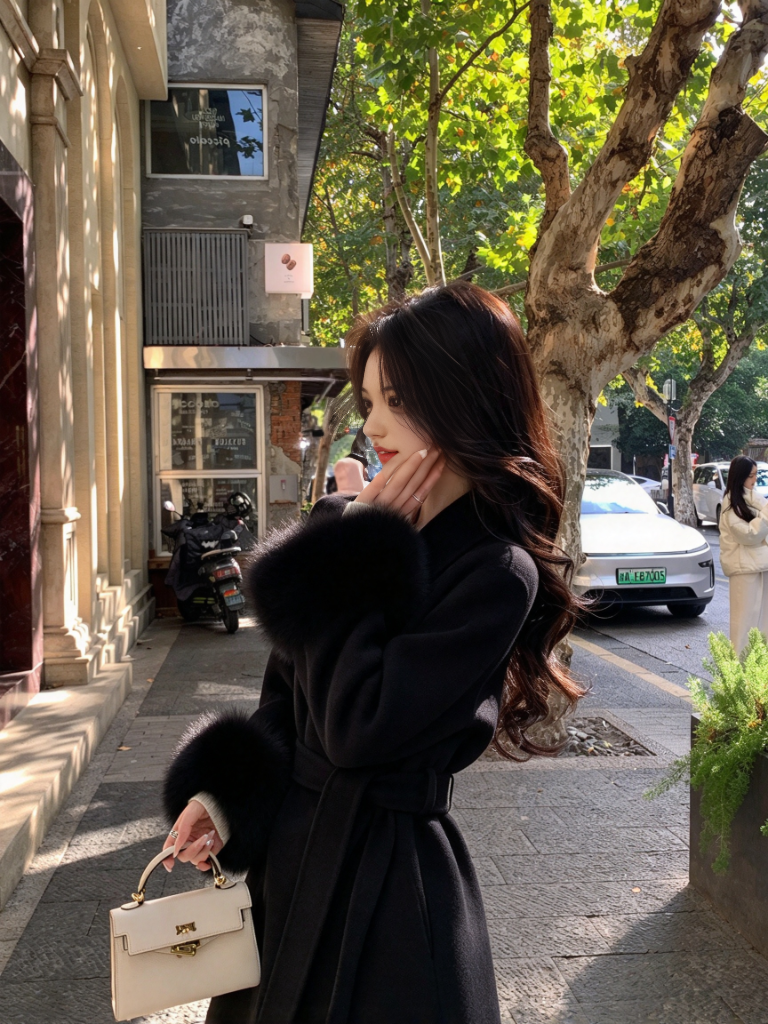 Long Double-Faced Wool Coat with Faux Fur Cuffs and Belt