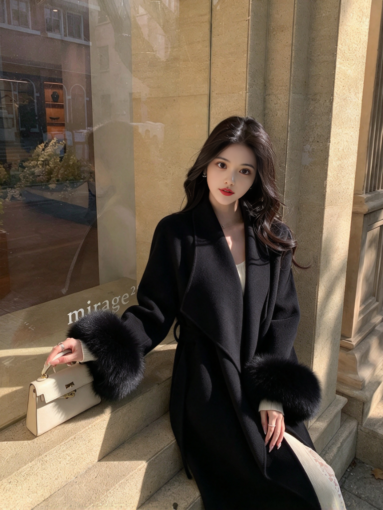 Long Double-Faced Wool Coat with Faux Fur Cuffs and Belt
