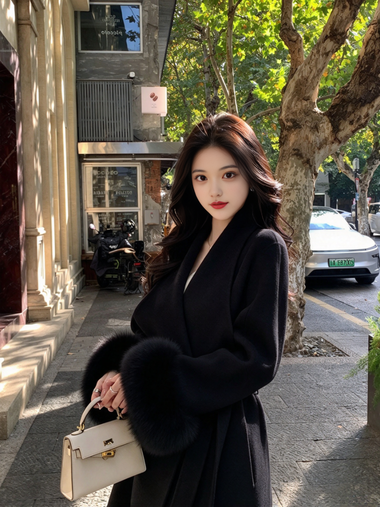 Long Double-Faced Wool Coat with Faux Fur Cuffs and Belt