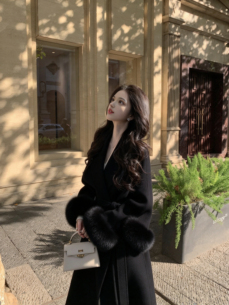 Long Double-Faced Wool Coat with Faux Fur Cuffs and Belt
