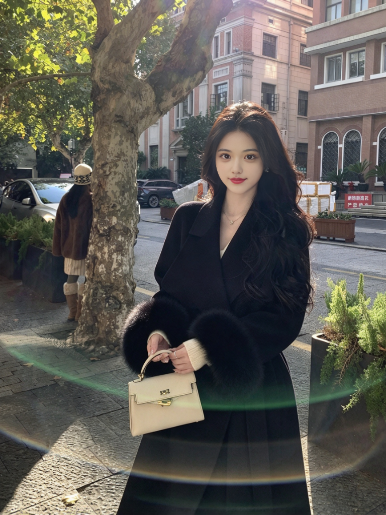 Long Double-Faced Wool Coat with Faux Fur Cuffs and Belt