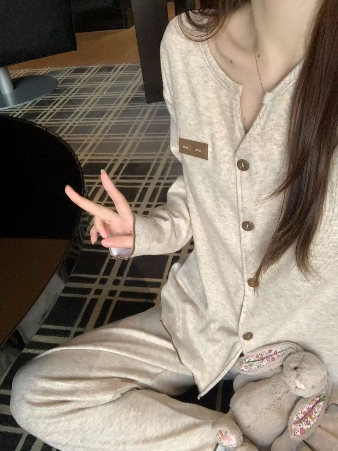 韩版宽松蚕丝薄款羊绒自带胸垫家居服