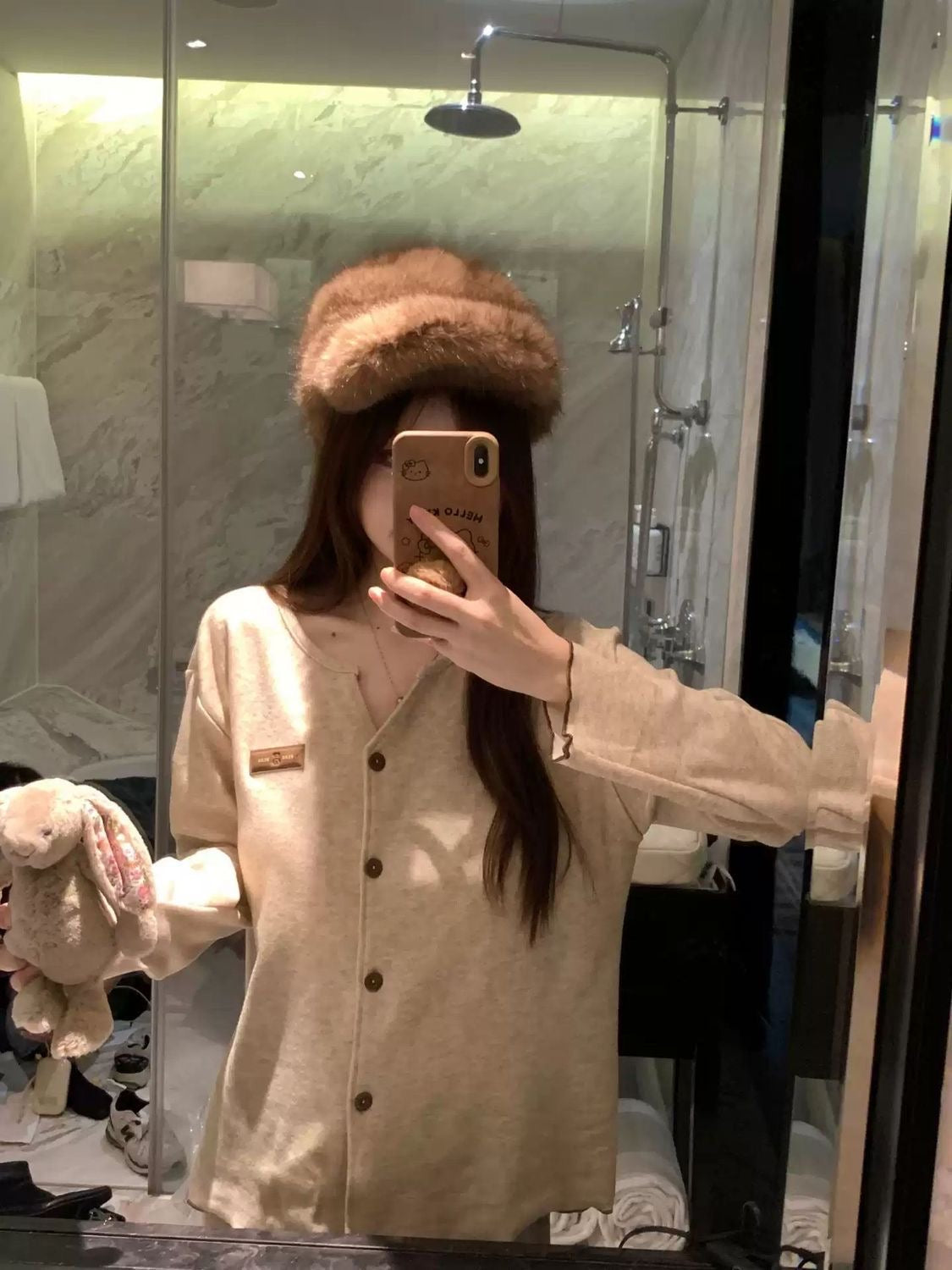 韩版宽松蚕丝薄款羊绒自带胸垫家居服