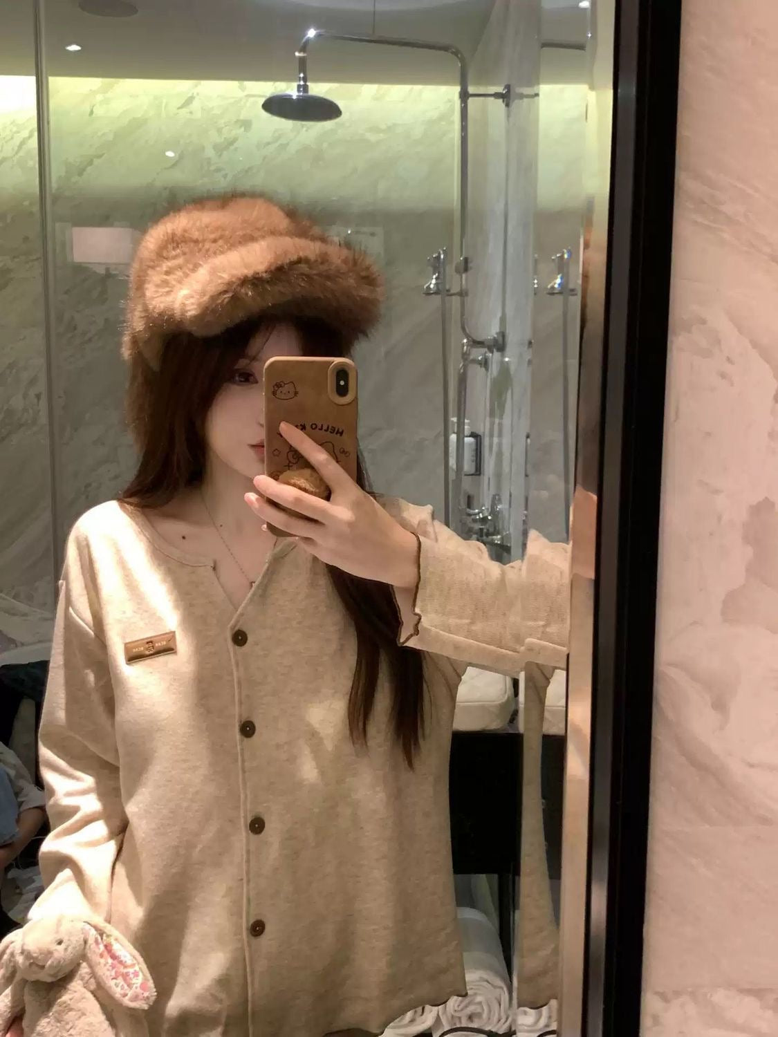 韩版宽松蚕丝薄款羊绒自带胸垫家居服