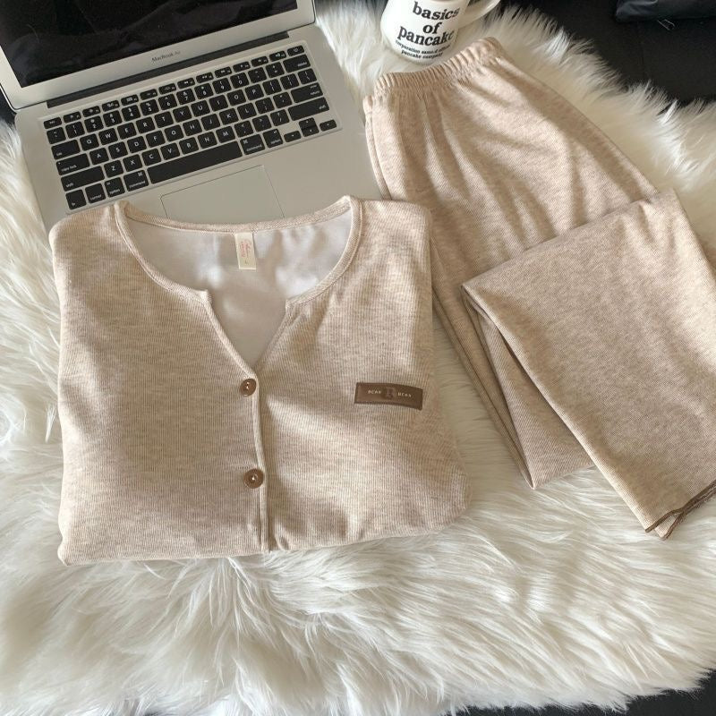 韩版宽松蚕丝薄款羊绒自带胸垫家居服