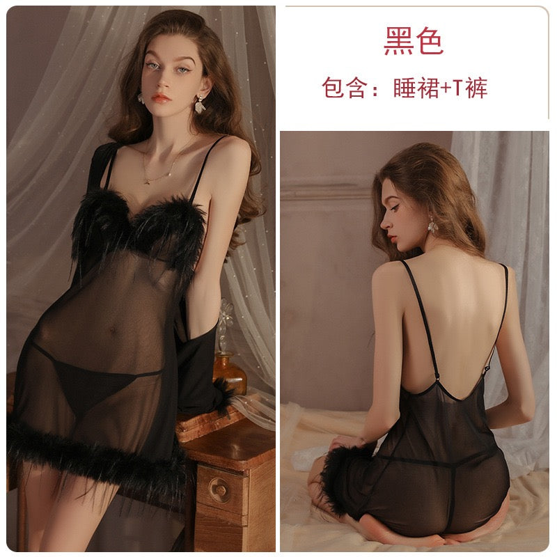透视毛绒性感显胸睡裙套装
