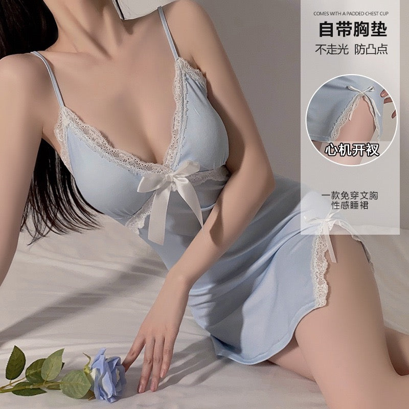 莫代尔棉弹性收腰自带胸垫可爱睡裙
