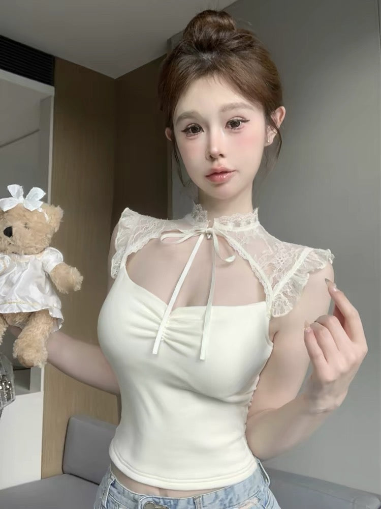 High Stretch White Lace Bow Mesh Top
