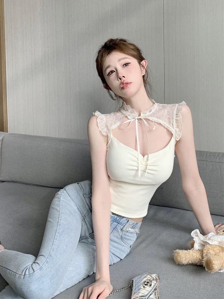 High Stretch White Lace Bow Mesh Top