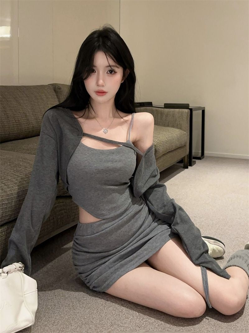 Gray Bodycon Shaping Stretch 3-Piece Dress Set