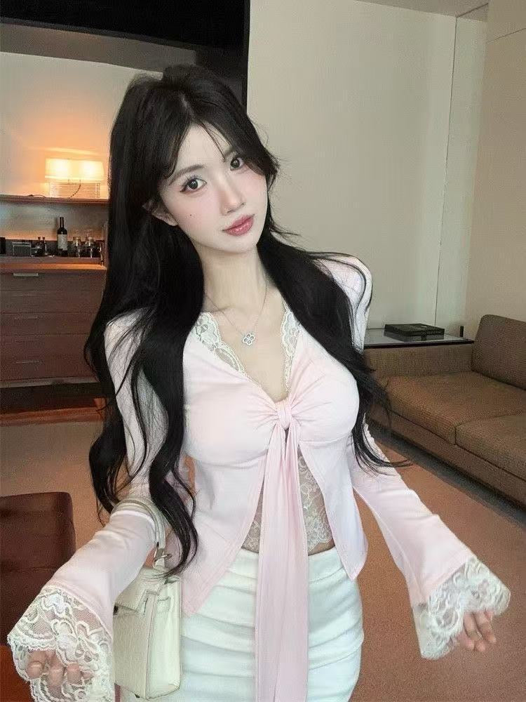 假两件蕾丝系带弹性收腰上衣｜带胸垫