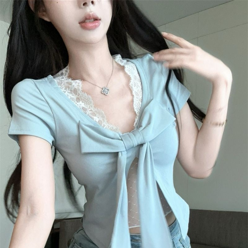 碎冰蓝纯欲假两件显白高弹女士上衣