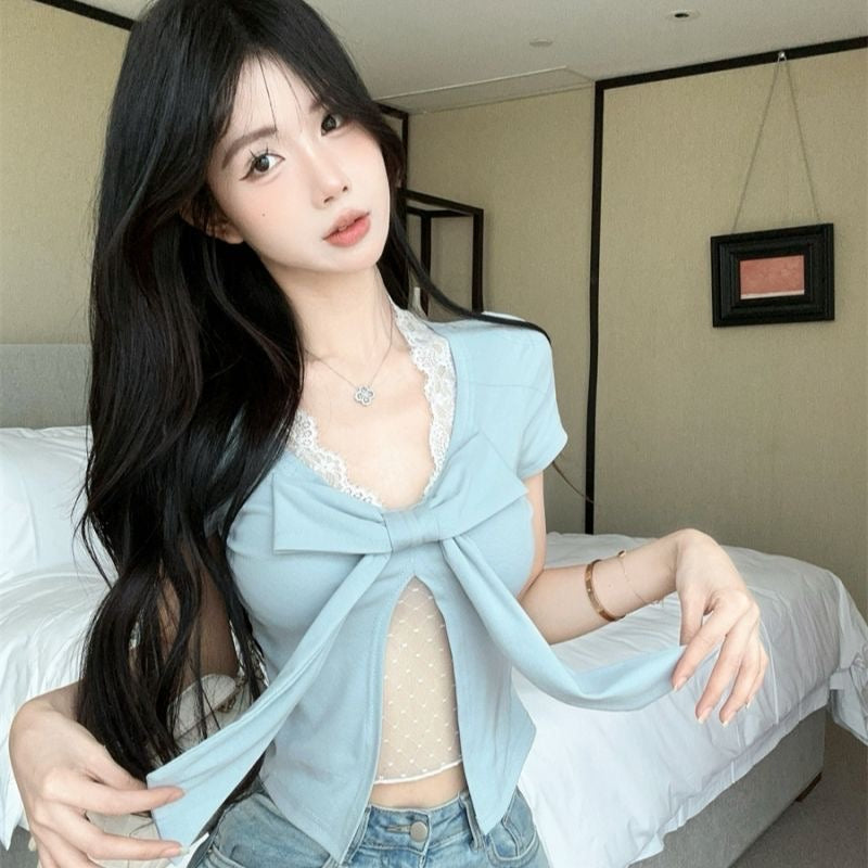 碎冰蓝纯欲假两件显白高弹女士上衣