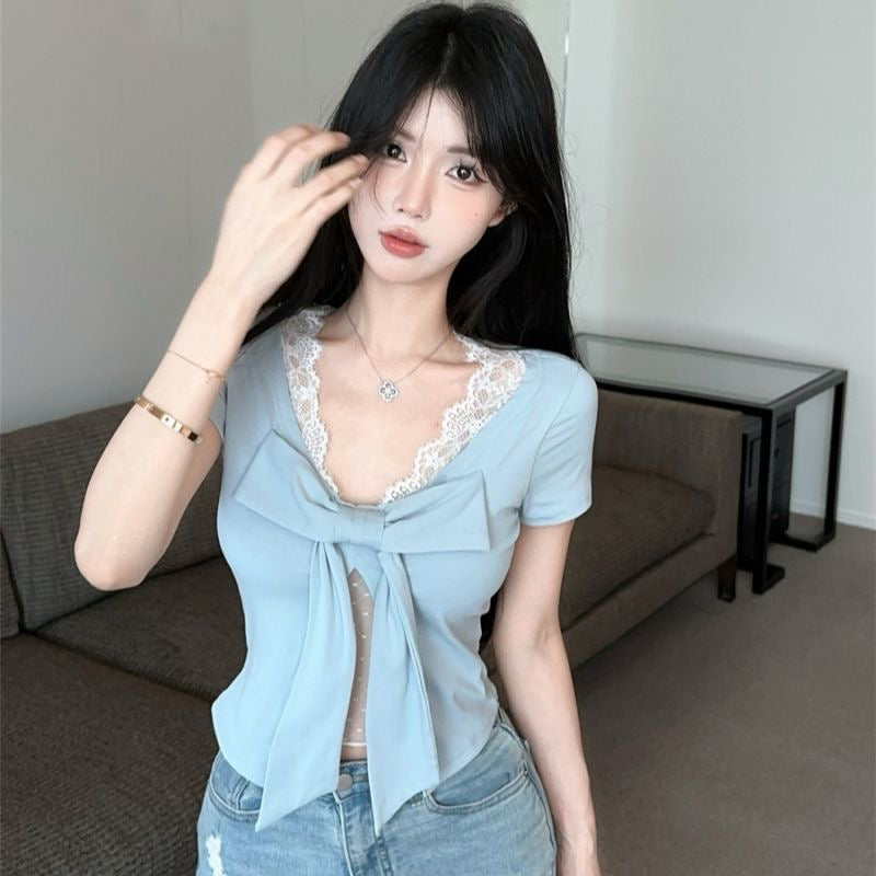 碎冰蓝纯欲假两件显白高弹女士上衣
