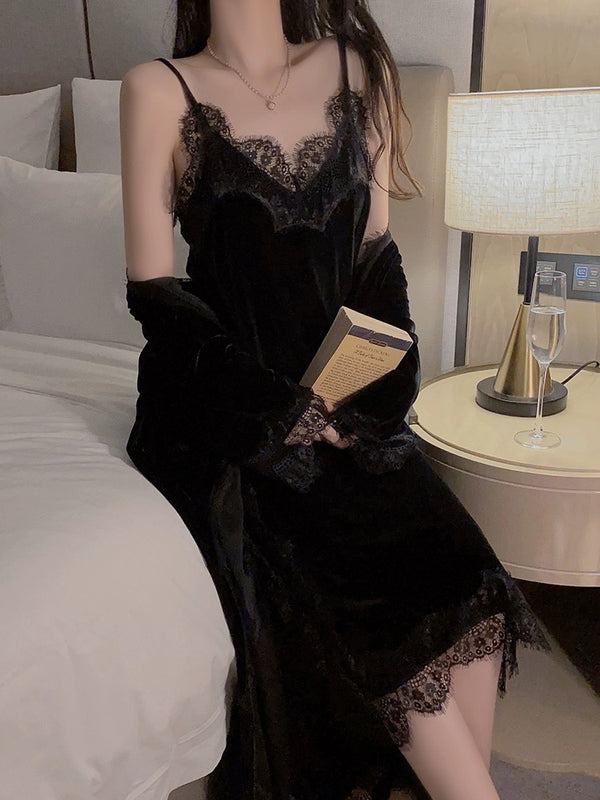 Classy French Style Black Velvet Nightdress