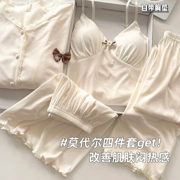 莫代尔裸感清透夏季休闲家居服 - 杏色