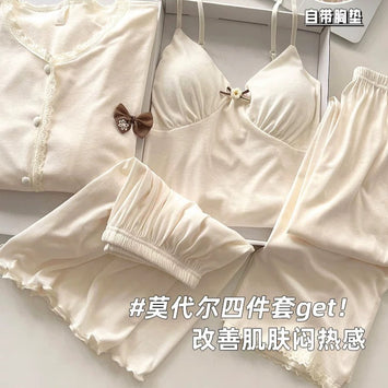 莫代尔裸感清透夏季休闲家居服 - 杏色