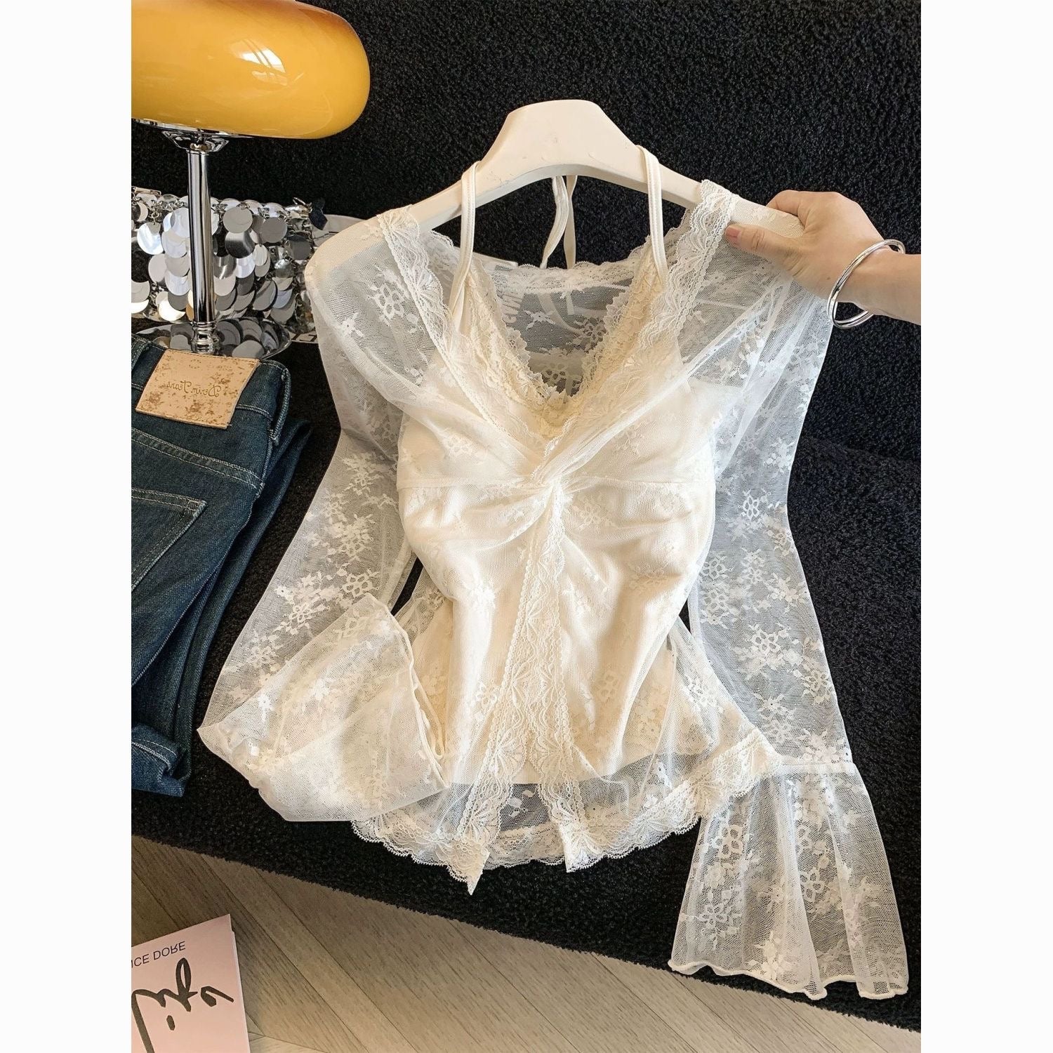 Soft Lace 2-Piece Set | Soft Sheer Blouse & Cami