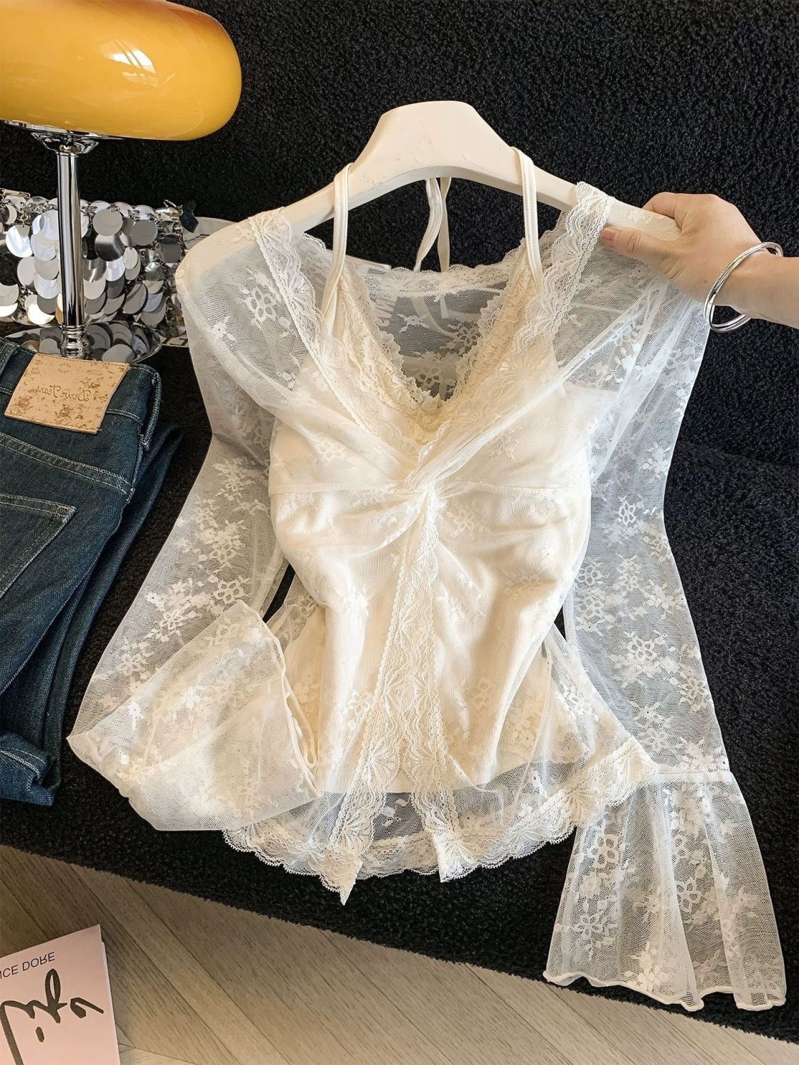 Soft Lace 2-Piece Set | Soft Sheer Blouse & Cami