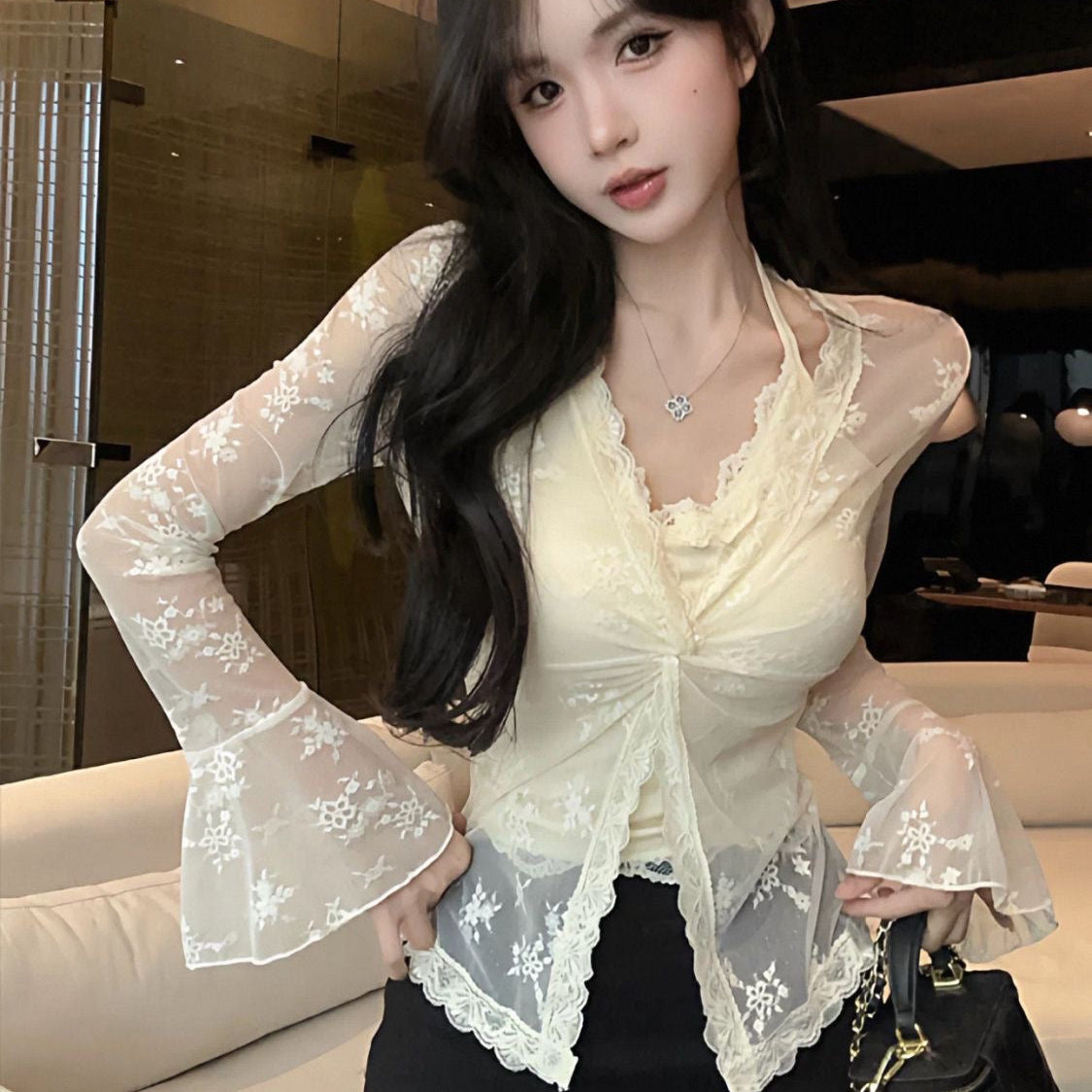 Soft Lace 2-Piece Set | Soft Sheer Blouse & Cami