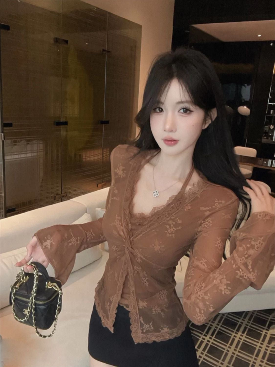 Soft Lace 2-Piece Set | Soft Sheer Blouse & Cami