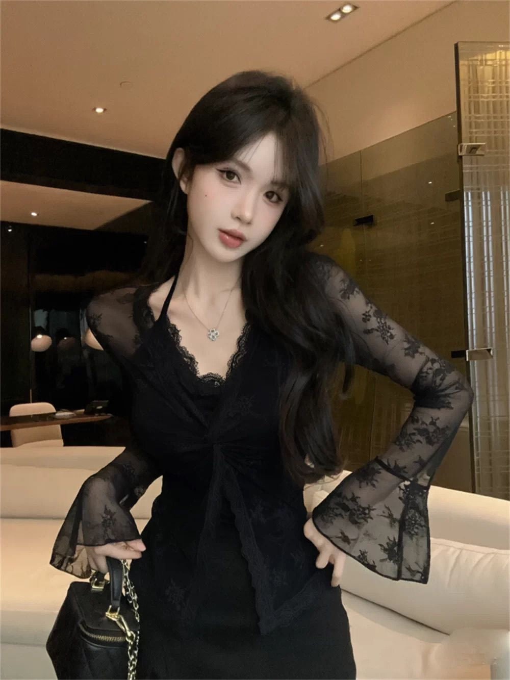 Soft Lace 2-Piece Set | Soft Sheer Blouse & Cami