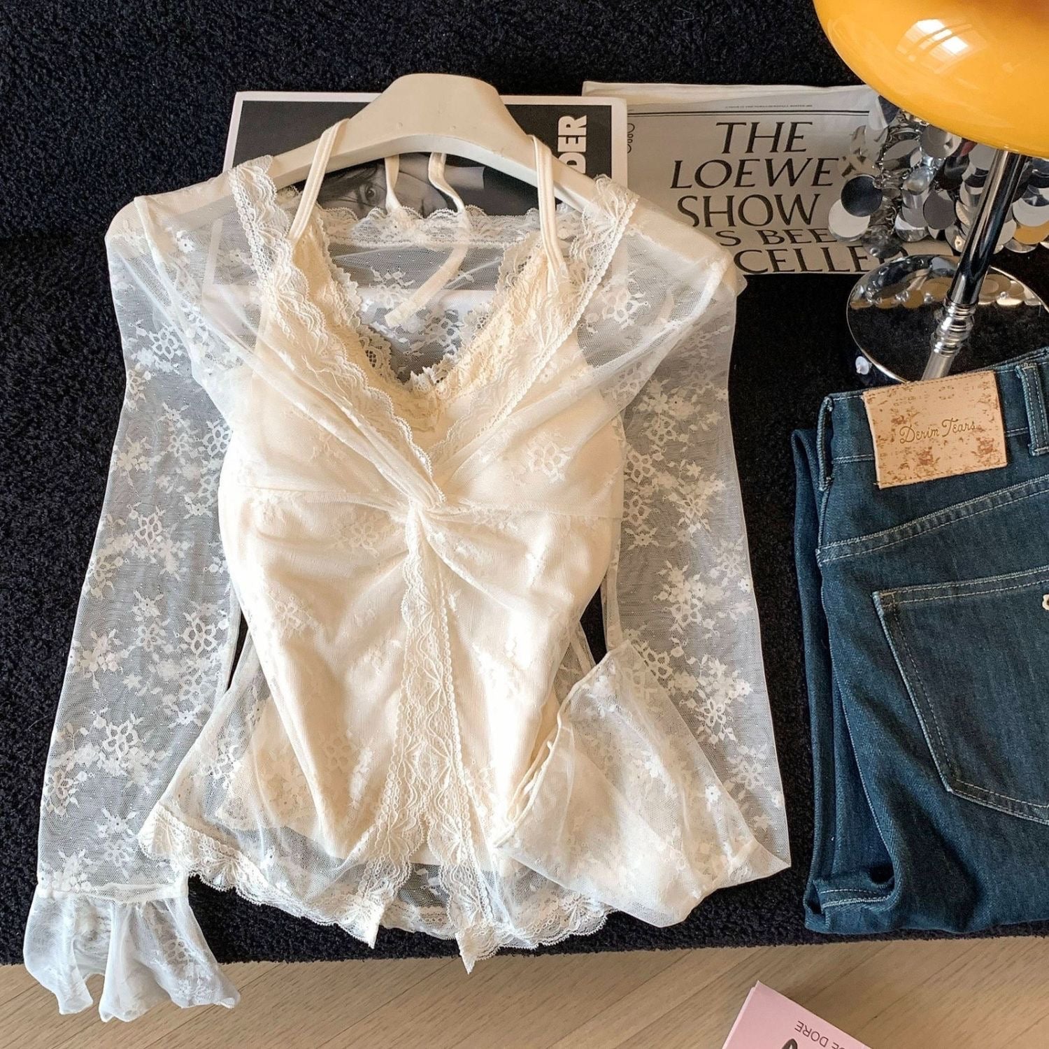Soft Lace 2-Piece Set | Soft Sheer Blouse & Cami