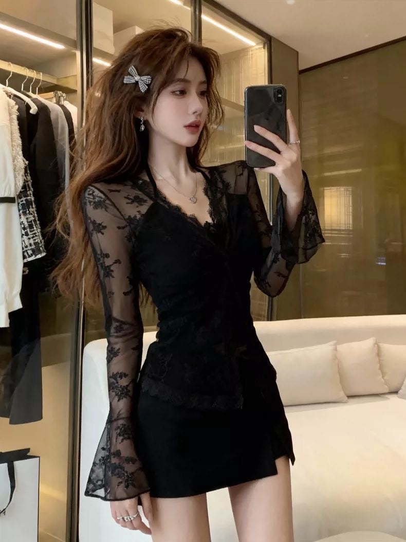 Soft Lace 2-Piece Set | Soft Sheer Blouse & Cami