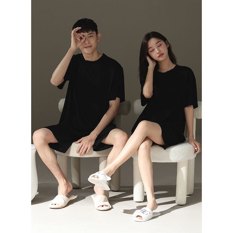 Minimalist Black Modal Couple Pajama Set | Lightweight Stretch Loungewear