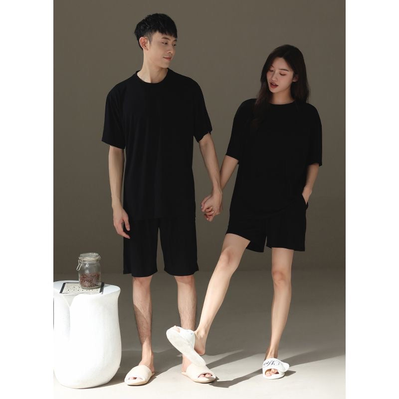 Minimalist Black Modal Couple Pajama Set | Lightweight Stretch Loungewear