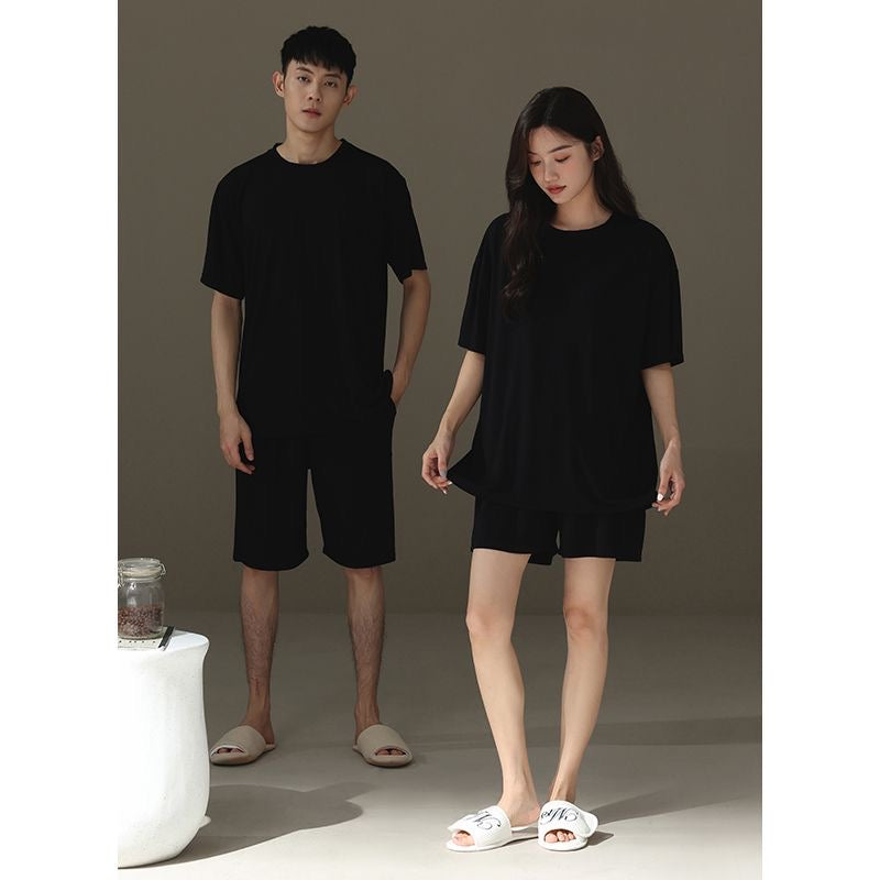 Minimalist Black Modal Couple Pajama Set | Lightweight Stretch Loungewear