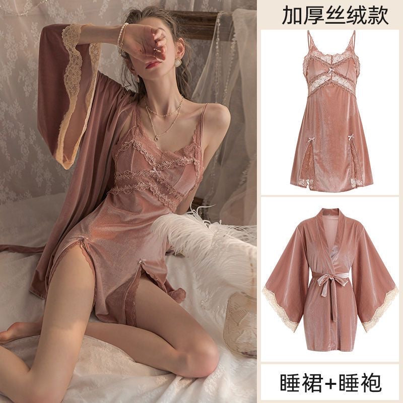 Classy Lace Velvet Women's Nightgown Set