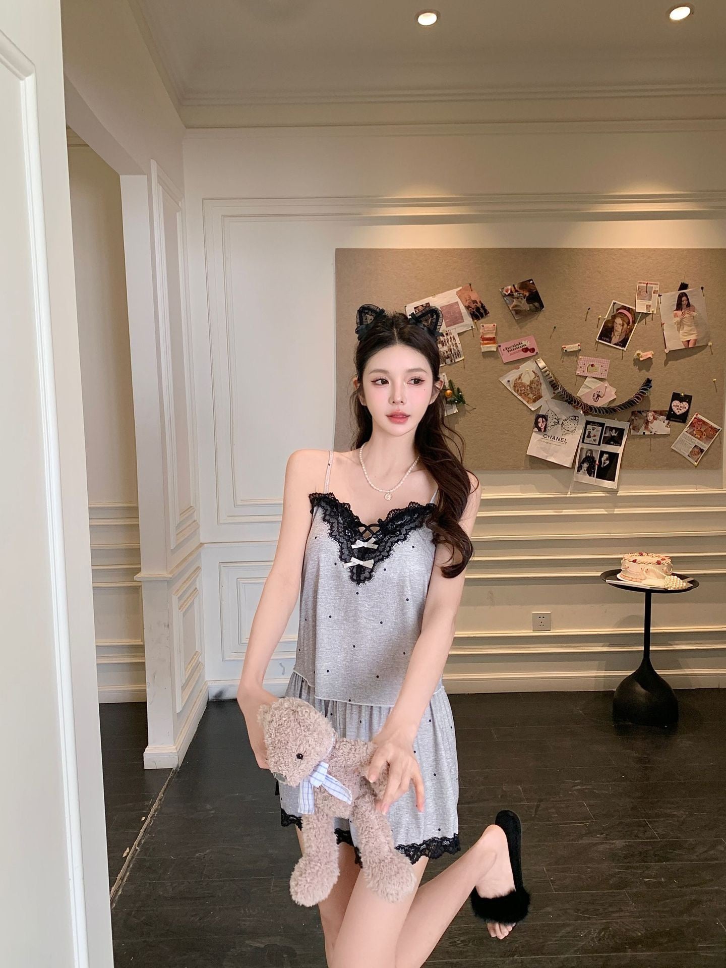 Light Grey Lace Modal Cotton Pajama Set