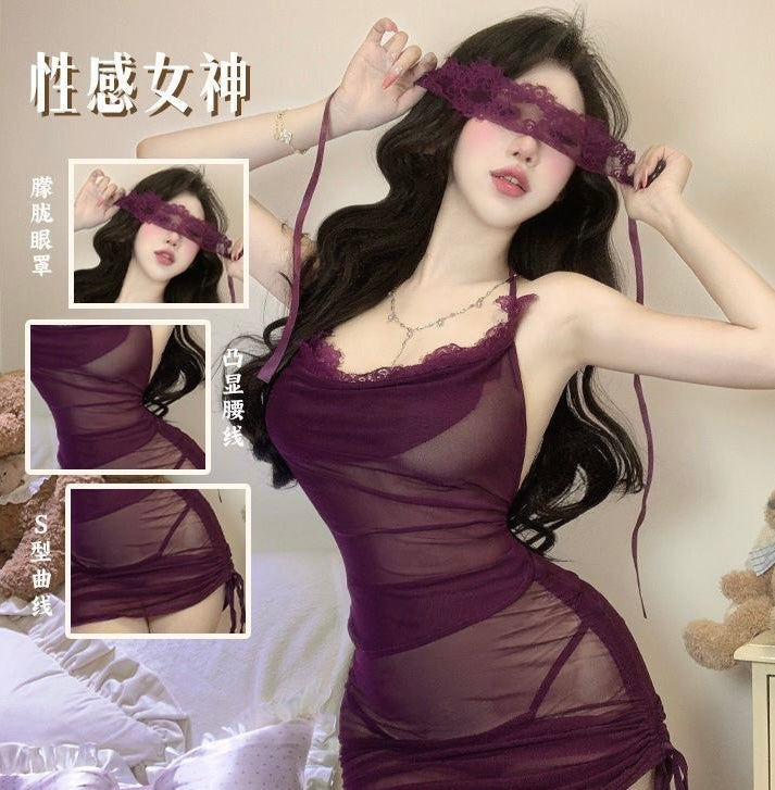 Purple Goddess Sheer Mesh Babydoll Lingerie Set with Lace Blindfold