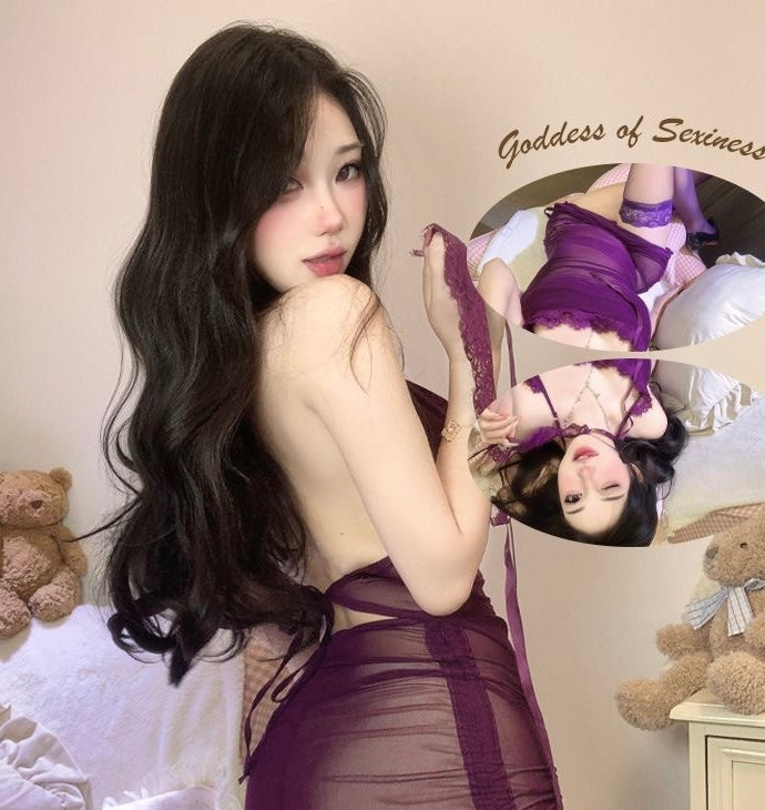 Purple Goddess Sheer Mesh Babydoll Lingerie Set with Lace Blindfold
